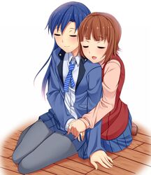  abe_(roiz) amami_haruka arm_support blue_hair blush brown_hair closed_eyes eyes_closed hand_holding holding_hands idolmaster kisaragi_chihaya multiple_girls open_mouth pantyhose shoes simple_background sitting skirt smile tanishi yokozuwari yuri 