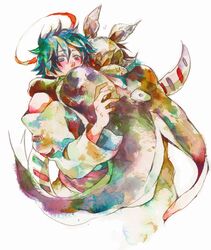  black_hair blue_eyes blue_hair fugen_shinjin halo hat houshin_engi hug male moyuchi multiple_boys robe short_hair taikoubou 