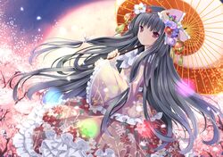  black_hair bow cherry_blossoms flower hair_bow hair_flower hair_ornament houraisan_kaguya japanese_clothes long_hair oriental_umbrella red_eyes solo touhou tree umbrella very_long_hair wataame27 