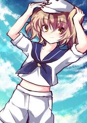  adjusting_hat blonde_hair cloud hat kitashirakawa_chiyuri midriff minagi_(miraura) navel neckerchief phantasmagoria_of_dim._dream sailor sailor_hat short_hair shorts sky smile solo touhou twintails yellow_eyes 