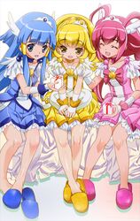  aoki_reika blonde_hair blue_dress blue_eyes blue_hair bowtie brooch choker closed_eyes cure_beauty cure_happy cure_peace dress eyes_closed gift hair_tubes head_wings hoshizora_miyuki jewelry kise_yayoi long_hair magical_girl multiple_girls nyoronyoro payot pink_dress pink_hair precure rainbow_order sitting skirt slippers smile smile_precure! tiara v_arms wrist_cuffs yellow_dress yellow_eyes 