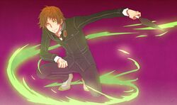  1boy brown_hair dark_persona gakuran hanamura_yousuke headphones houndstooth kunai michaelovten one_knee persona persona_4 purple_background school_uniform shadow_(persona) shoes simple_background smile solo weapon wind yellow_eyes 