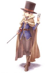  black_legwear blonde_hair boots breasts brown_eyes cape card cleavage cleavage_cutout hat holding holding_card leggings nyaou pantyhose ragnarok_online rod scepter top_hat wizard wizard_(ragnarok_online) 