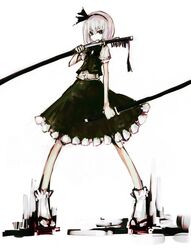  akasia bow dress dual_weild dual_wielding geta green_eyes hair_bow konpaku_youmu scabbard sheath sheathed short_hair silver_hair solo sword touhou unsheathing weapon white_hair 