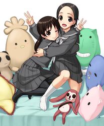  black_hair black_legwear blush brown_eyes character_request hair_ornament hairclip hug kneeling long_hair miyoshi_chihiro mizuki_gyokuran multiple_girls open_mouth pantyhose sawatari_fuu school_uniform serafuku short_hair sitting skirt smile stuffed_animal stuffed_toy tamayura twintails v wink 