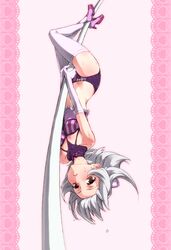  brown_eyes elbow_gloves foreshortening gloves high_heels high_school_dxd morimiya_masayuki pole pole_dancing shoes short_hair silver_hair solo sweat thigh-highs thighhighs toujou_koneko upside-down white_legwear 