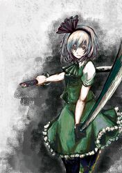  akasia bow dress dual_weild dual_wielding green_eyes hair_bow highres konpaku_youmu pantyhose short_hair silver_hair solo sword touhou weapon white_hair 