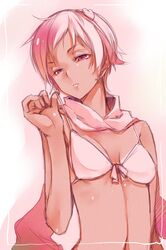  adjusting_strap adjusting_swimsuit alternate_costume bare_shoulders bikini bikini_pull bikini_top bust face front-tie_top hairband hands heart highres komeiji_satori kurokuro navel neck parted_lips pink_eyes pink_hair purple_eyes scarf short_hair sketch solo strap_pull swimsuit tan touhou violet_eyes 