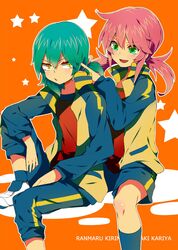  :d adjusting_hair akishima_kei androgynous aqua_hair bad_id character_name green_eyes inazuma_eleven inazuma_eleven_(series) inazuma_eleven_go kariya_masaki kirino_ranmaru male multiple_boys open_mouth orange_background pink_hair sitting smile star track_suit twintails yellow_eyes 