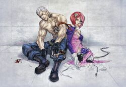  1boy 1girl 33_(bell12) against_wall alisa_boskonovich asymmetrical_clothes bandolier bangs blood blue_eyes broken bryan_fury chainsaw combat_boots cyborg dress fingerless_gloves flower gloves hair_flower hair_ornament injury multicolored_hair muscle no_legs parted_bangs pink_hair redhead scar shirtless short_hair shotgun_shells sitting tattoo tekken torn_clothes torn_dress two-tone_hair white_gloves white_hair wound 