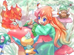  1girl androgynous blue_eyes book feathers fire gnome_(seiken_densetsu) hair_feathers hat jinn_(seiken_densetsu) mushroom popoie red_hair redhead salamander_(seiken_densetsu) seiken_densetsu seiken_densetsu_2 undine_(seiken_densetsu) yuru4u 