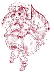  :d ascot bad_id bow crystal dress fang flandre_scarlet hat hat_bow monochrome open_mouth side_ponytail smile solo star the_embodiment_of_scarlet_devil toirotukimi touhou wings 