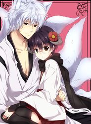  1girl 2boys animal_ears black_hair black_legwear brown_eyes cosplay flower fox_ears fox_tail genderswap gintama hair_flower hair_ornament horns inu_x_boku_ss maruki_(punchiki) miketsukami_soushi miketsukami_soushi_(cosplay) multiple_tails pink_background punchiki red_eyes sakata_gintoki shimura_shinpachi shirakiin_ririchiyo shirakiin_ririchiyo_(cosplay) short_hair silver_hair sitting sitting_on_lap sitting_on_person tail thigh-highs thighhighs yaoi 
