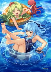  :d absurdres ao_no_kiseki ass barefoot blodne_hair blonde_hair blue_hair blush bubble cellphone child closed_eyes eiyuu_densetsu enami_katsumi eyes_closed falcom feet hair_ribbon happy highres holding innertube kea long_hair multiple_girls octopus official_art one-piece_swimsuit open_mouth phone ribbon sky smile soles starfish swimsuit tio_plato toes two_side_up water wet yellow_eyes zero_no_kiseki 