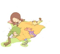  1girl blanket blush brown_hair cat chibi closed_eyes glameow green_hair long_hair meowth n_(pokemon) pillow pokemon pokemon_(game) pokemon_bw pokemon_dppt pokemon_rgby pokemon_rse purrloin sasa_(makura) skitty sleeping tail touko_(pokemon) under_covers 