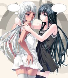  adjusting_hair ass bare_shoulders black_dress black_eyes black_hair black_legwear blue_eyes blush dark_skin dialogue_box dress hands_on_hips long_hair multiple_girls original purple_eyes rezi silver_hair speech_bubble thigh-highs thighhighs thought_bubble violet_eyes white_dress white_legwear yuri 