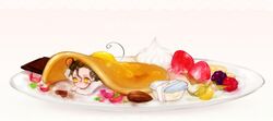  ahoge animal_ears berries black_hair chibi chocolate fate/zero fate_(series) food fruit kemonomimi_mode lancer_(fate/zero) male medemoisellecu miniboy mouse_ears mouse_tail pancake strawberry tail whipped_cream yellow_eyes 