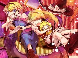  alice_margatroid blonde_hair bloomers blue_eyes book broom character_doll couch cream_puff cure_peace double_v hat jakkun kirisame_marisa multiple_girls pastry precure smile_precure! spoon tea touhou v witch witch_hat 
