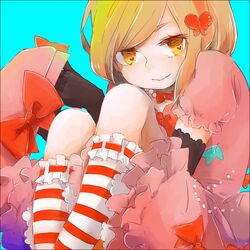  1girl blonde_hair dress elbow_gloves footwear gloves hair_ornament hat hat_removed headwear_removed heart jewelry lambdadelta necklace socks solo striped striped_legwear umineko_no_naku_koro_ni yellow_eyes 
