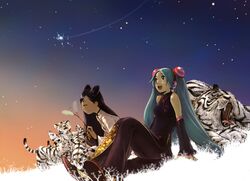  aqua_hair asahi_(sakanasakana) bare_shoulders black_hair blush character_request closed_eyes detached_sleeves double_bun eyes_closed grin hatsune_miku highres long_hair looking_up multiple_girls night night_sky open_mouth profile sitting sky smile star tiger vocaloid white_tiger 