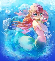  aqua_background blue_eyes bracelet bubble colored_eyelashes corsola frills hair_ornament hand_on_own_face intrinsical jewelry kasumi_(pokemon) long_hair luvdisc marill mermaid monster_girl orange_hair pokemon pout shell shell_bikini underwater 