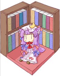  :< animal_ears book bookshelf cat_ears chibi collar crescent dress hair_ribbon hat long_hair natsuki_(silent_selena) patchouli_knowledge purple_hair ribbon sitting solo touhou |_| 