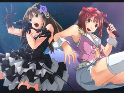  2girls amami_haruka bow dress gloves green_eyes idolmaster microphone sei2makoto shibuya_rin thigh-highs 