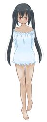  barefoot black_hair blush bottomless brown_eyes k-on! long_hair nakano_azusa tan twintails 