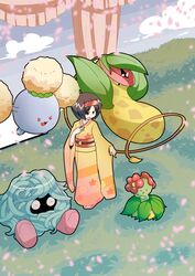  bellossom cherry_blossoms erika_(pokemon) fangs flower hairband jumpluff leaf pokemon pokemon_(game) pokemon_gsc pokemon_hgss pokemon_rgby red_eyes roah tangela tongue victreebel vines wink 