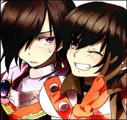  1girl ;d asaki_(asakimon) black_hair gloves green_eyes grin hair_over_one_eye leon_magnus lowres open_mouth purple_eyes rutee_katrea short_hair smile sweat tales_of_(series) tales_of_destiny violet_eyes wink 