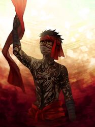  avenger bandana bandanna black_hair dark_skin fate/hollow_ataraxia fate_(series) full_body_tattoo headband male neopara short_hair solo tattoo yellow_eyes 