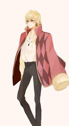  1girl argyle bad_id barnaby_brooks_jr blonde_hair cosplay glasses green_eyes howl howl_(cosplay) howl_no_ugoku_shiro jacket_on_shoulders jacket_over_shoulders parody poco24 solo tiger_&amp;_bunny 
