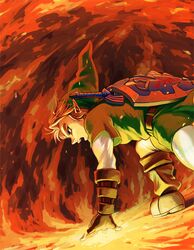  belt blonde_hair fingerless_gloves fire gloves hat link male nintendo ocarina_of_time pointy_ears shield shiwashiwa_no_kinchakubukuru solo sword the_legend_of_zelda weapon 