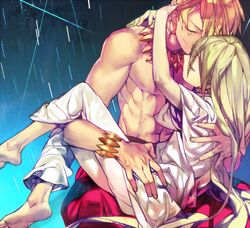  abs androgynous blonde_hair bracelet carrying closed_eyes earrings enkidu_(fate/strange_fake) eyes_closed fate/stay_night fate/strange_fake fate_(series) gilgamesh green_hair jewelry long_hair male multiple_boys muscle necklace princess_carry rain robe shirtless shishio tears 