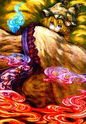  akasia blonde_hair blue_eyes blue_fire fire fox_tail hat highres multiple_tails short_hair solo tail touhou yakumo_ran 