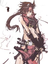  brown_hair crop_top fingerless_gloves genderswap gloves guilty_gear hair_over_one_eye headband long_hair pan!ies ponytail red_eyes sol_badgal sol_badguy solo 