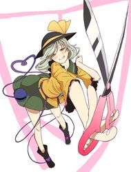  1girl blush boots green_eyes green_hair grin hat heart komeiji_koishi perspective sabiirodoramu scissors short_hair skirt smile solo third_eye touhou 