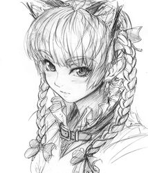  1girl animal_ears blush braid cat_ears collar extra_ears hair_ribbon imizu_(nitro_unknown) kaenbyou_rin looking_at_viewer monochrome ribbon sketch solo touhou twin_braids 