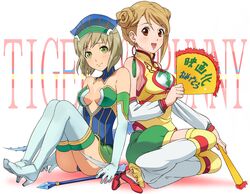  alternate_hairstyle back-to-back bare_shoulders blue_rose_(tiger_&amp;_bunny) blue_rose_(tiger_&amp;_bunny)_(cosplay) boots breasts brown_eyes brown_hair cleavage cosplay costume_switch detached_sleeves double_bun dragon_kid dragon_kid_(cosplay) earrings elbow_gloves fan gloves green_eyes hat high_heels highres huang_baoling jewelry kaisen karina_lyle looking_at_viewer multiple_girls open_mouth paper_fan shoes short_hair sitting slippers staff superhero sweatdrop thigh-highs thigh_boots thighhighs tiger_&amp;_bunny title_drop yokozuwari 