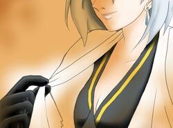  blue_hair breasts cleavage earrings gloves gyakuten_saiban jewelry kaorunoyakata karuma_mei short_hair smile 