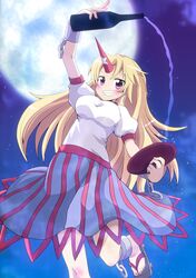  arm_up blonde_hair blue_moon blush bottle decantering full_moon geta grin highres horn hoshiguma_yuugi long_hair massala moon night pouring purple_eyes sakazuki sake sandals skirt smile solo touhou violet_eyes 