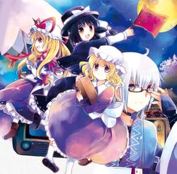  1boy 3girls ahoge black_hair blonde_hair bow brown_eyes capelet cherry_blossoms choker glasses hat hat_bow hat_ribbon kourindou long_hair long_sleeves maribel_hearn moon morichika_rinnosuke multiple_girls night open_mouth puffy_sleeves ribbon short_hair short_sleeves silver_hair sky smile suzune_yuuji television touhou umbrella usami_renko violet_eyes yakumo_yukari yellow_eyes 