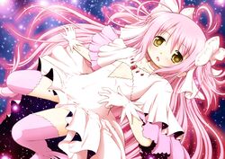  blush bow dress gloves goddess_madoka hair_bow kaname_madoka long_hair looking_at_viewer magical_girl mahou_shoujo_madoka_magica pink_hair pink_legwear sakuraebi_chima solo space spoilers star_(sky) thigh-highs thighhighs ultimate_madoka very_long_hair yellow_eyes 