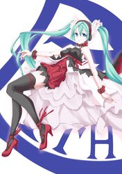  1girl 7th_dragon_2020 absurdres blue_eyes dress green_hair hatsune_miku headphones high_heels highres long_hair shoes solo thigh-highs twintails very_long_hair vocaloid 