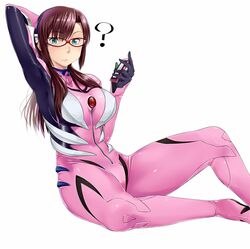  ? blue_eyes blush bodysuit breasts brown_hair cellphone evangelion:_2.0_you_can_(not)_advance glasses hairband icebox large_breasts long_hair makinami_mari_illustrious neon_genesis_evangelion phone plugsuit rebuild_of_evangelion solo 