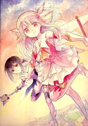  2girls black_hair brown_eyes elbow_gloves fate/kaleid_liner_prisma_illya fate_(series) gloves illyasviel_von_einzbern long_hair magical_girl miyu_edelfelt multiple_girls norino_moto pink_eyes pink_hair prisma_illya red_eyes staff traditional_media watercolor_(medium) 