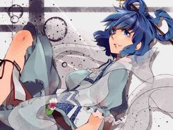  blue_eyes blue_hair dress flower hair_rings hair_stick kaku_seiga short_hair smile sofy solo touhou vest 