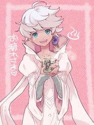  aqua_eyes cup dark_skin dress earrings gensou_suikoden gensou_suikoden_tsumugareshi_hyakunen_no_toki jewelry kanazawa_hiromu robe sandals short_hair single_earring smile solo steam white_dress white_hair zephon 