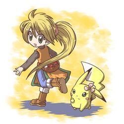  :d blonde_hair boots child china_dress chuchu_(pokemon) flower fushigi_ebi green_eyes jeans long_hair looking_back no_hat no_headwear open_mouth pikachu poke_ball pokemon pokemon_special ponytail smile waist_poke_ball yellow_(pokemon) 