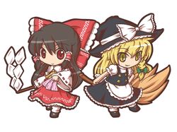  black_hair blonde_hair bow braid broom chibi dress fushigi_ebi hair_tubes hakurei_reimu hat hat_bow holding jewelry kirisame_marisa long_hair multiple_girls red_eyes single_braid single_earring smile touhou witch witch_hat yellow_eyes 